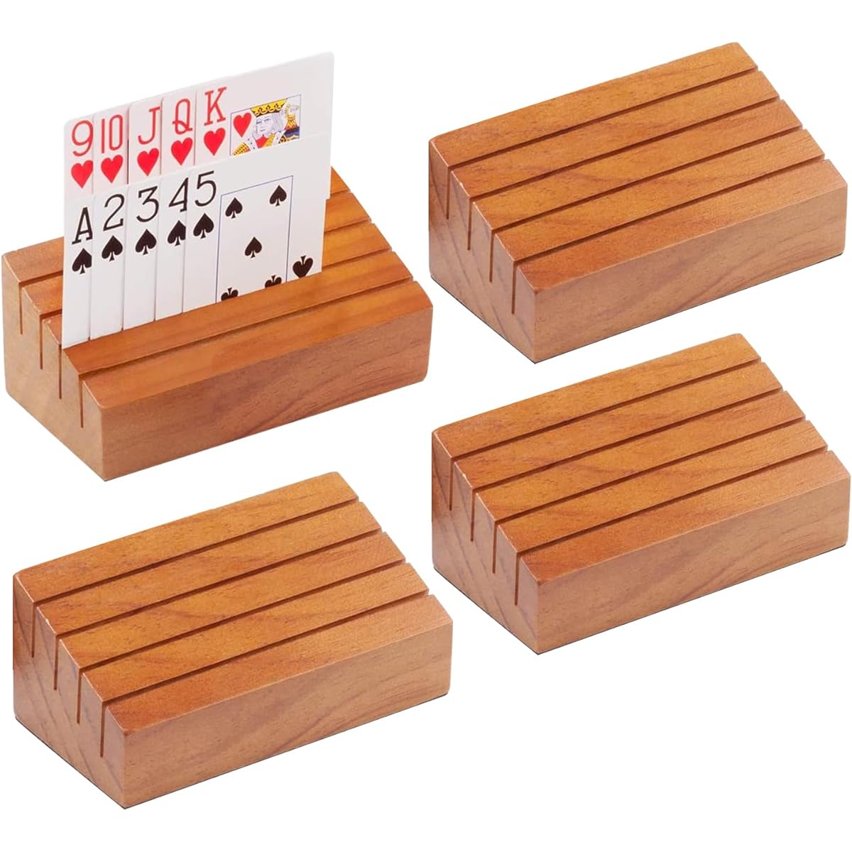 GSE Wooden Playing Card Holder Tray Rack Organizer Set for Kids, Seniors and Adults - Wooden Playing Card Tray Rack for Bridge Canasta UNO Card Playing (6" Pack of 4)
