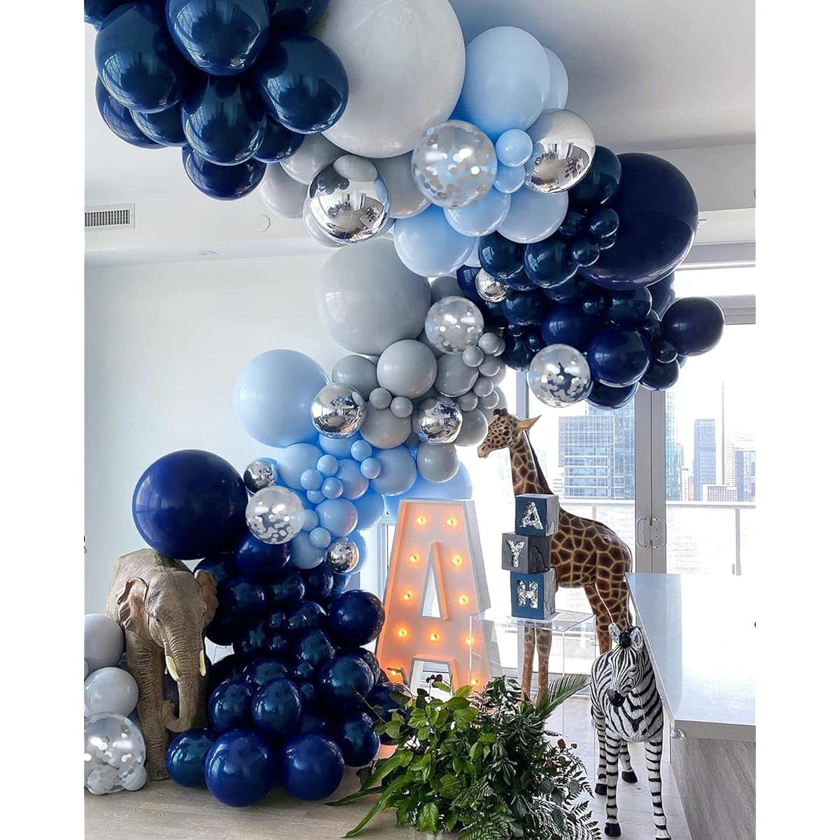 Blue Balloon Garland Kit Pastel Blue Gray Navy Royal Blue Metallic Silver Latex Confetti Balloon Arch Baby Shower Jungle Safari Graduation Birthday Party Decoration