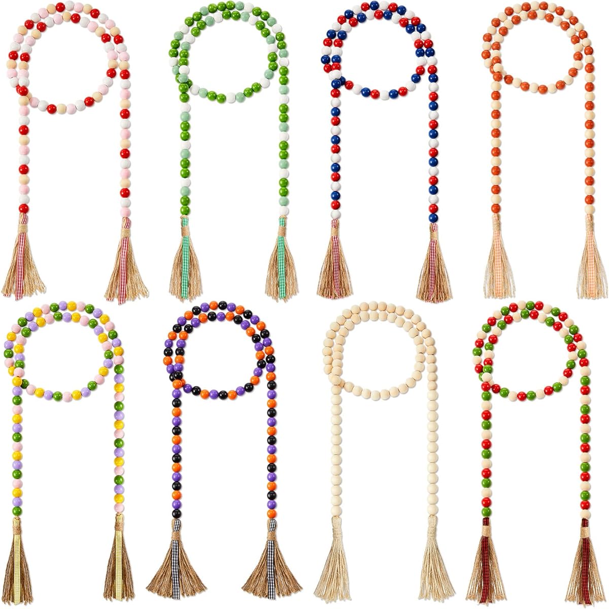 Seasonal Wooden Bead Garland 58.3 Inch Holiday Prayer Beads Garland Farmhouse Boho Decor with Tassels Christmas Wall Coffee Table Decor Rustic Country Decor