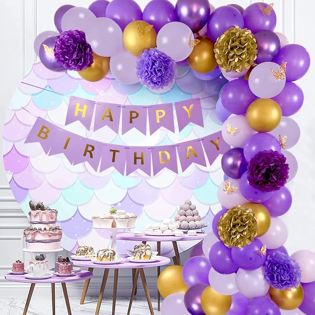 Butterfly Purple Balloons Garland Arch Kit for Baby Shower Birthday Party Purple Gold Birthday Decorations for Women Girls Happy Birthday Banner Butterfly Stickers Paper Pom Poms 93pcs