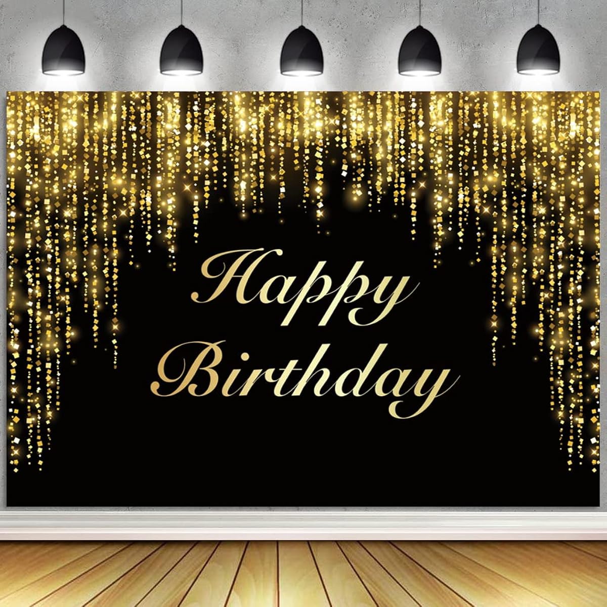 Dienalls 7x5ft Happy Birthday Backdrop for Women Girls Black & Gold Glitter Bokeh Sequin Spots for Photography Golden Sparkle Photo Booth Props Party Banner Cake Table Decoration