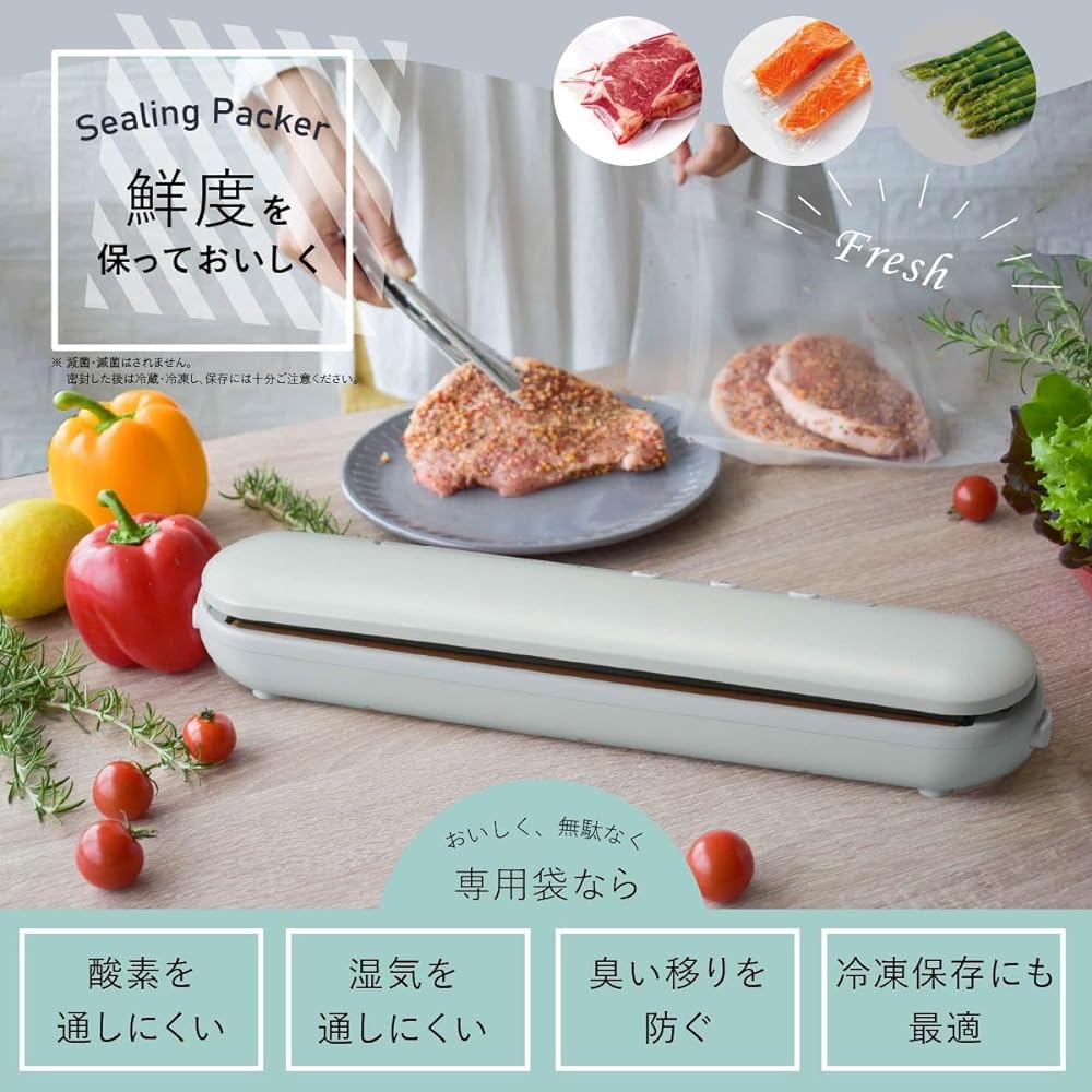 Ohm Electric Vacuum Packing Machine Food Sealer Rechargeable Cordless Sealing Packing Machine Heat Sealer Deaeration Sealing Packer Vacuum Packing Machine with Cutter Vacuum Packing Machine for Compressing Clothes USB Charging Slim Compact Pastel Green C