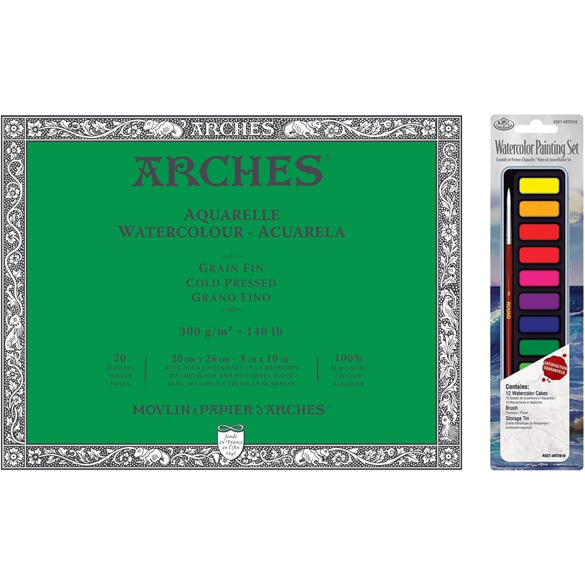 ARCHES 2 Arch Watercolor Cold Press Block Natural White 140 lbs 8X10 | Watercolor Set W Tin 1711599 Watercolor Paper