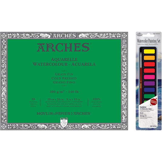 ARCHES 2 Arch Watercolor Cold Press Block Natural White 140 lbs 8X10 | Watercolor Set W Tin 1711599 Watercolor Paper