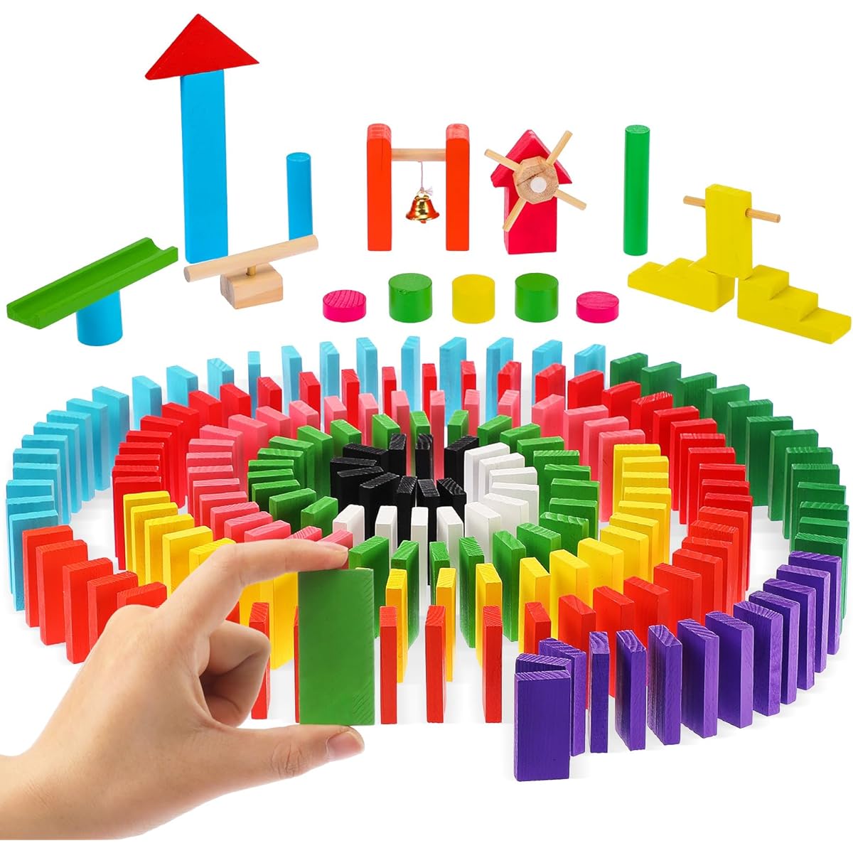 Shappy Wooden Domino Set, 300 Large Dominoes with 12 Domino Mechanisms, Colorful Domino Table Wood Blocks for Stacking, Racing, Tumbling and Tile Games, 0.87 x 0.35 x 2.17 Inches