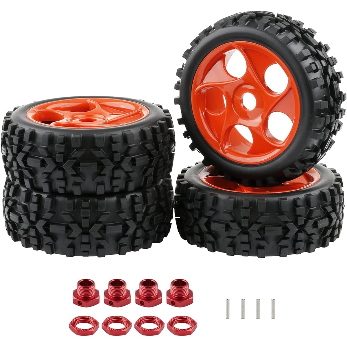Rchobbytop 4pcs 1:8 Buggy Tires & Wheels 17mm Hex 5 Spoke Wheel Rim Hub Adapter Nuts for Off-Road Short Course Rally Sand Snow All Terrain Red
