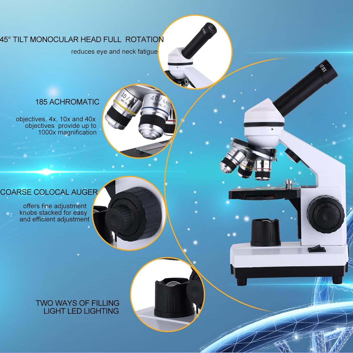 Herwicm Microscope for Adults 40-2000X Compound Microscope with Dual LED Lighting for School Home Laboratory Educational Gift for Children Students Beginner Microscope