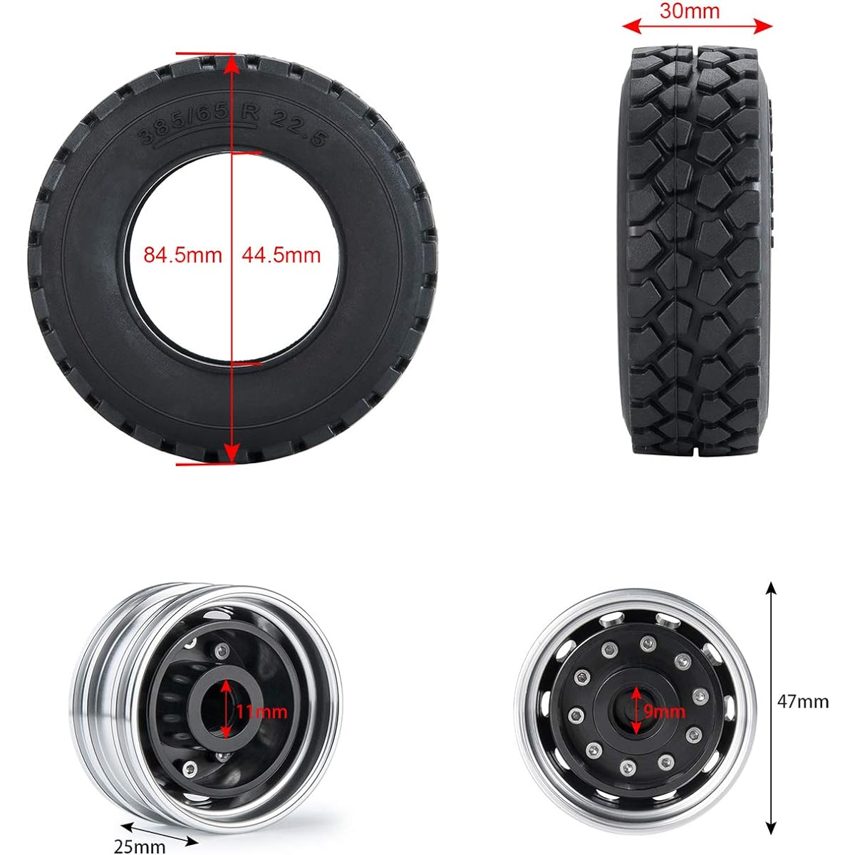 Que-T Metal Front Wheel Rim Hub & Rubber Tire for 1/14 RC Tamiya Tractor Climbing Trailer Car 2 Pack