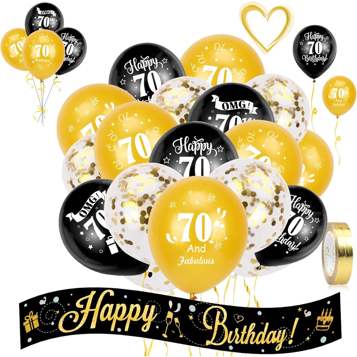 HOWAF 70th Birthday Decorations Kit with 9ft/2.7m HAPPY BIRTHDAY Foil Holographic Banner and 70th Birthday Balloons for Women Men 70th Birthday Party Decorations Supplies Black Gold (70 Years Old)