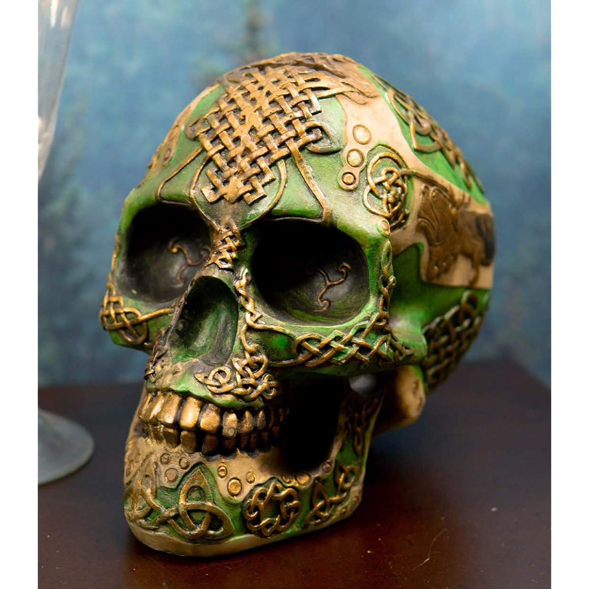 Ebros Tooled Celtic Lion Knotwork Shamrock Green and Gold Tribal Skull Piggy Bank Figurine Ossuary Macabre Labyrinth Dark Art Decorative Statue Pig Money Box