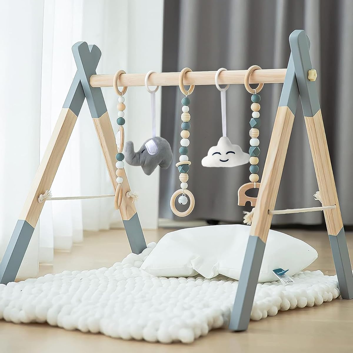 Wooden Baby Play Gym Foldable Frame Activity Gym Hanging Bar with 5 Gym Baby Toys Natural Gift for Newborn Baby (Foldable Grey)