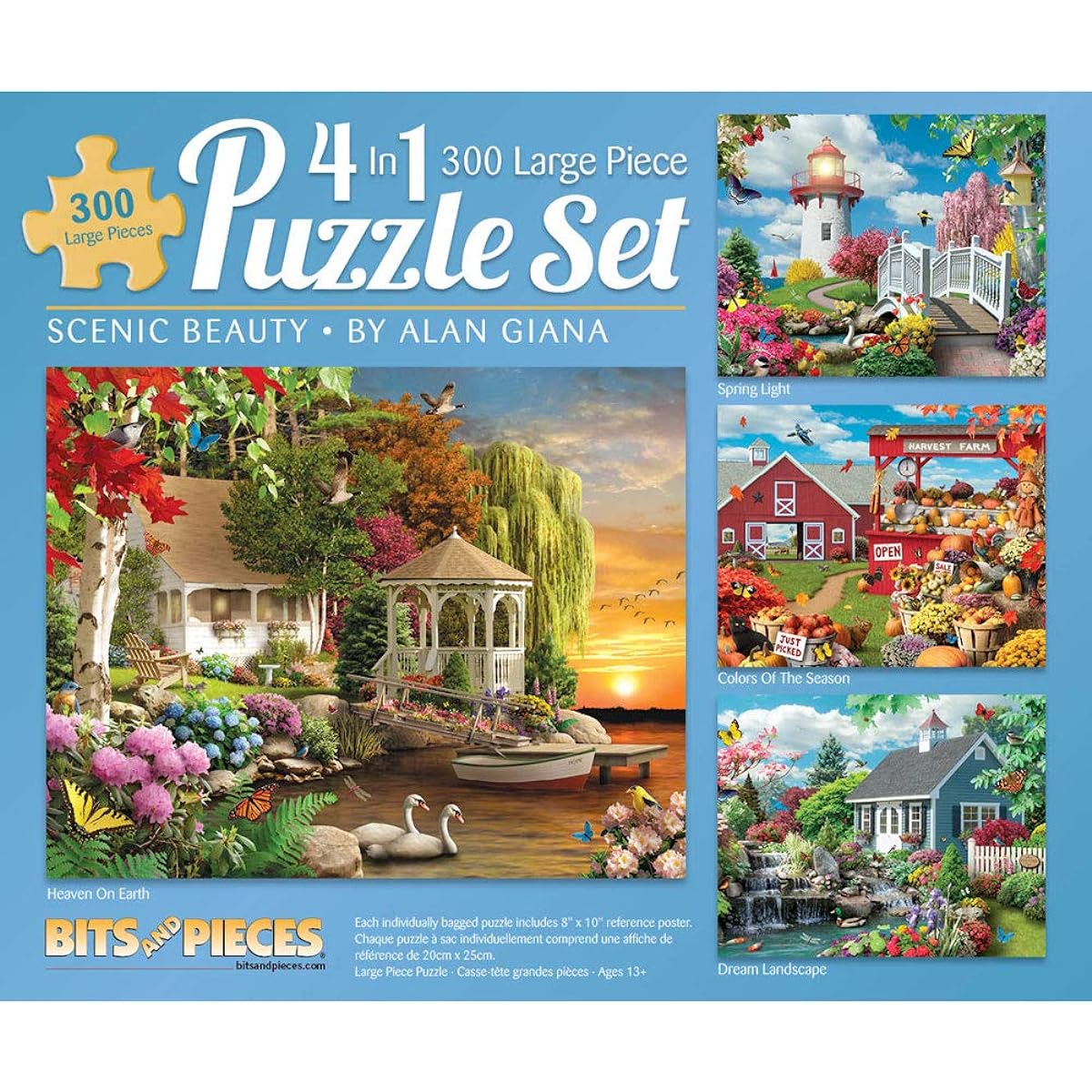 Bits and Pieces - 300 Piece Jigsaw Puzzle for Adults 16" x 20" - Scenic Beauty 4-in-1 Multipack - 300 Piece Nature Cabin Flowers Animals Lakes Lights Houses Birds Seasons Jigsaw by Artist Alan Giana
