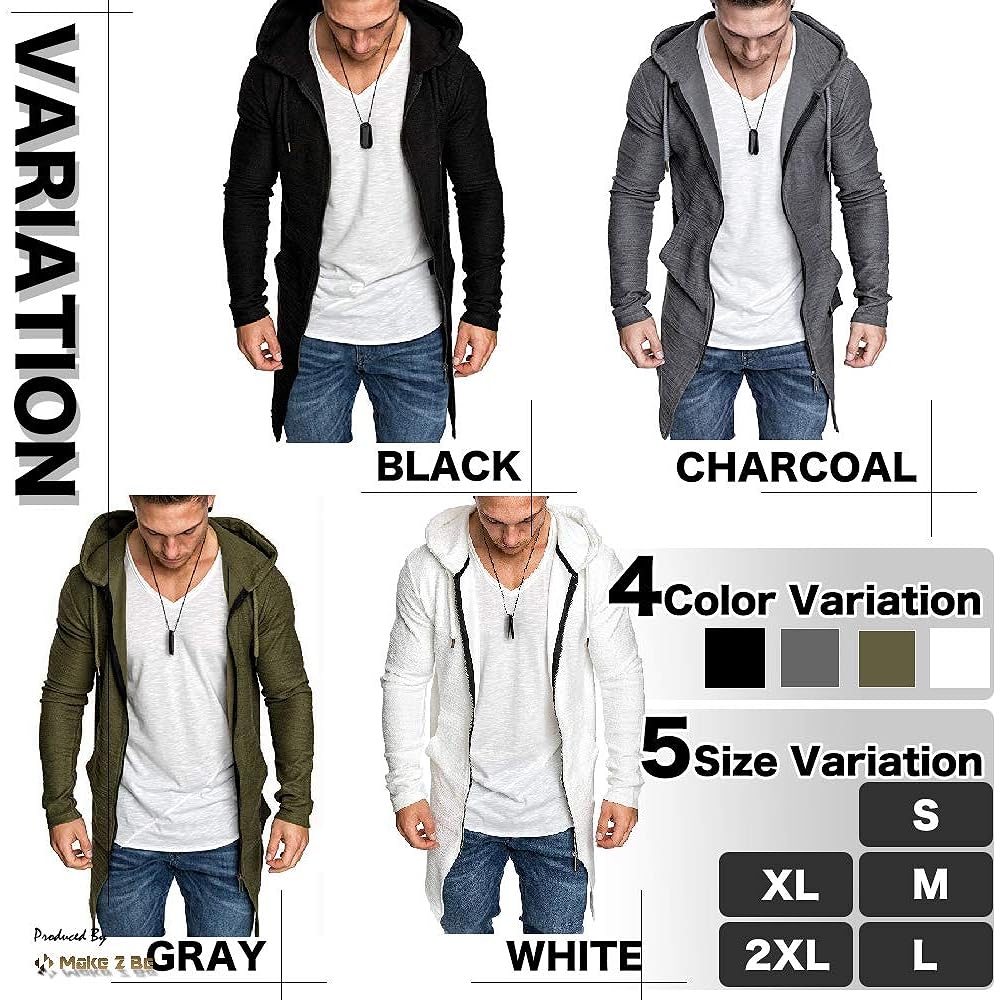 [Make 2 Be] Men's Long Sleeve Ultra Thin Hooded Long Parka Outer Zip Up Full Zip Parka Cut and Sewn Long Hooded Parka Plain Cardigan UV Protection Cooling Protection MF05