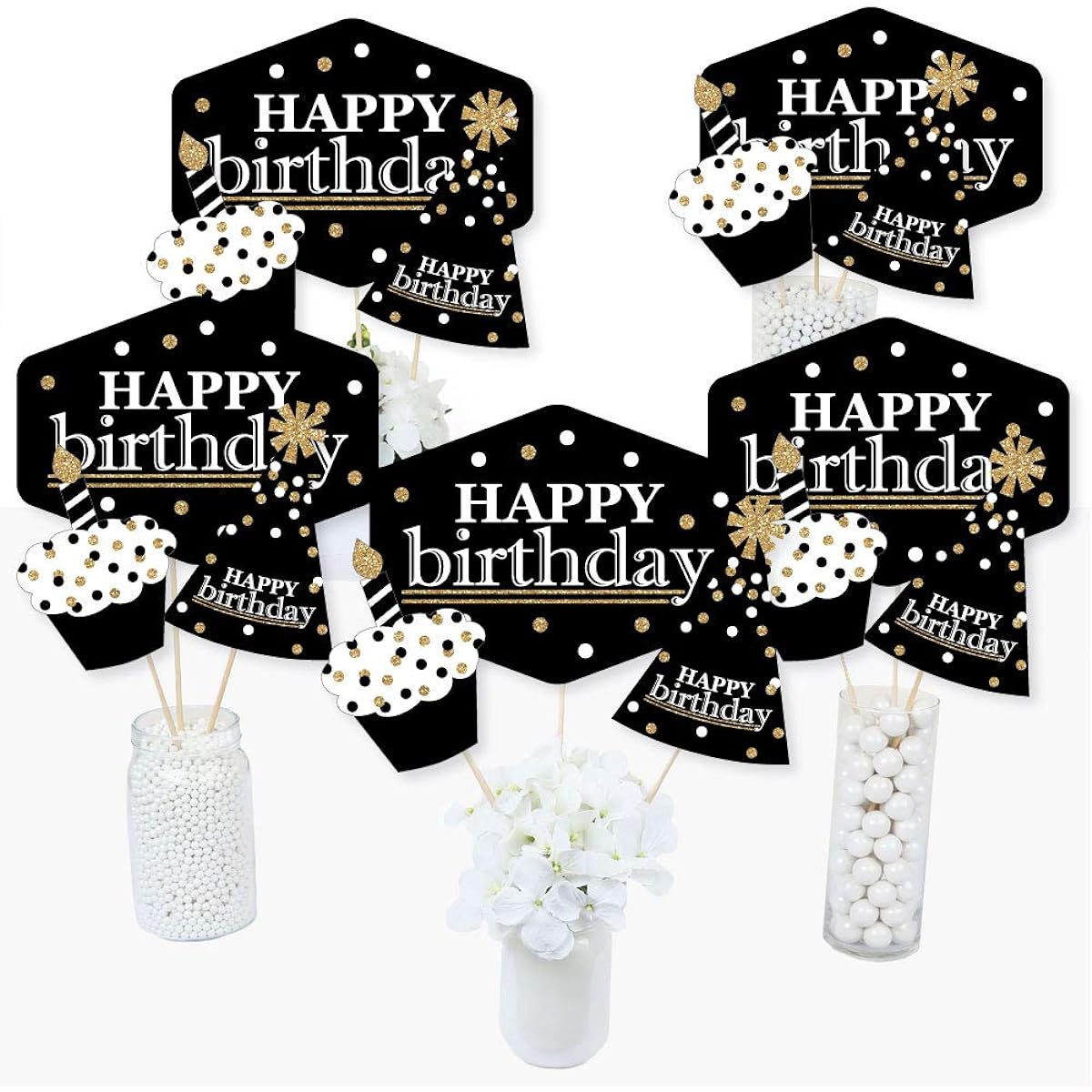 Happy Birthday for Adults - Gold - Birthday Party Centerpiece Sticks - Table Toppers - Set of 15