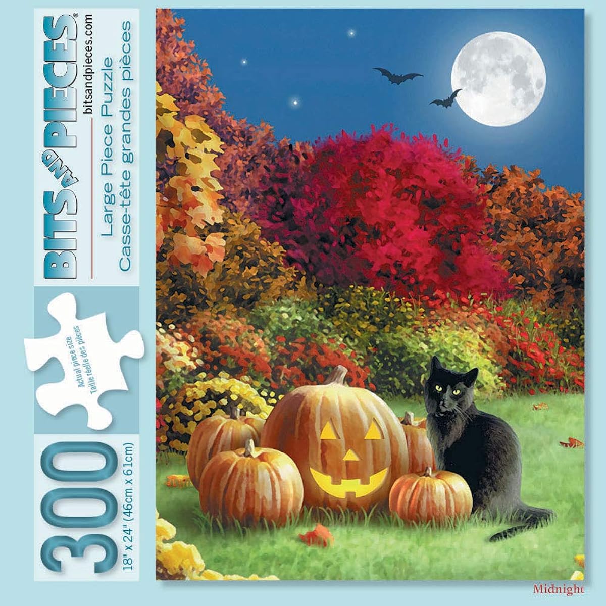 Bits and Pieces - 300 Piece Jigsaw Puzzle for Adults 18" x 24" - Midnight - 300 Piece Halloween Black Cat Pumpkin Jack O'Lantern Full Moon Jigsaw by Artist Alan Gianna