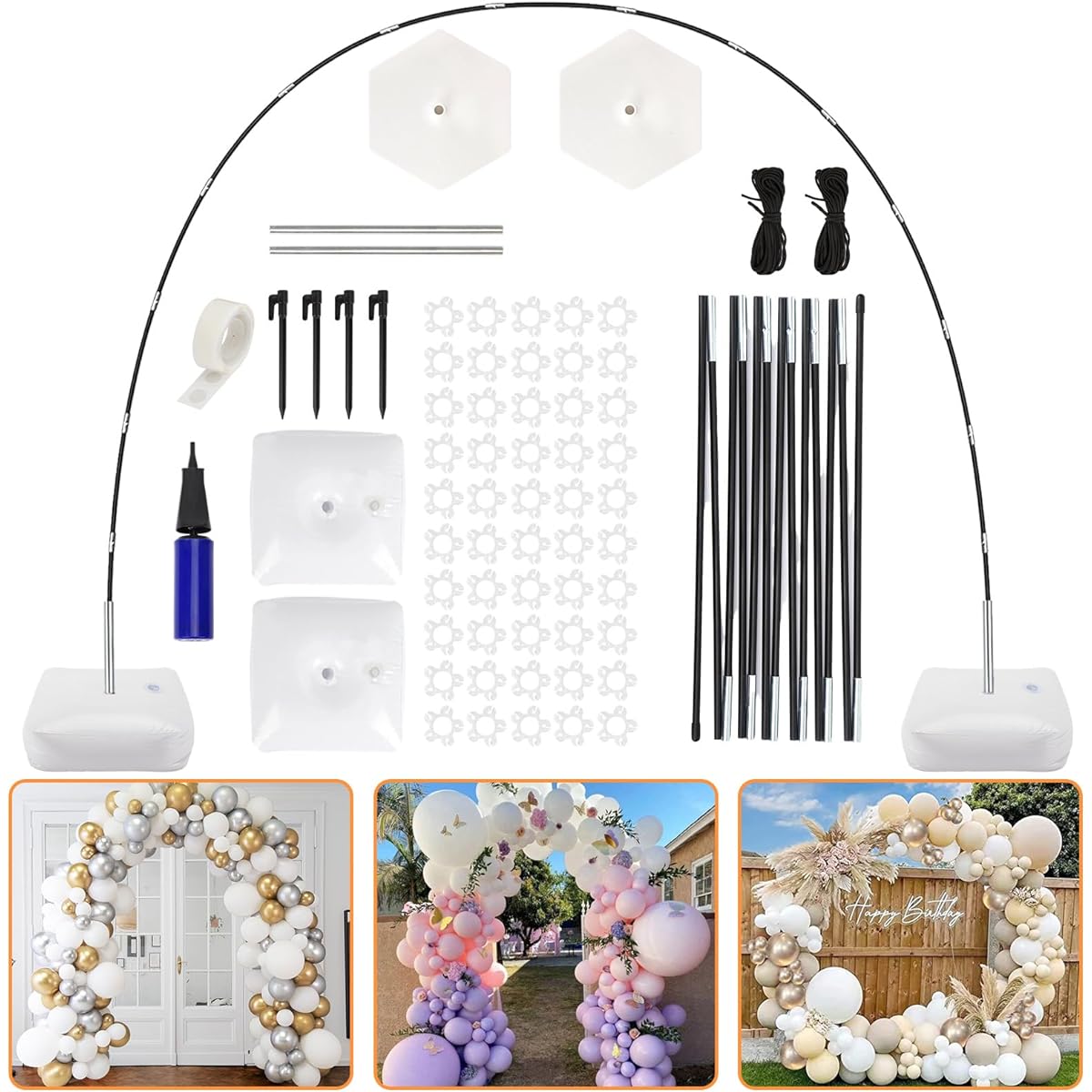 RUBFAC Balloon Arch Kit with Base, Adjustable Balloon Arch Stand for Floor with Pump, Water Fillable Base, Balloon Clips for Wedding, Birthday, Baby Shower Party Supplies