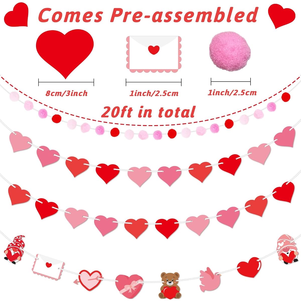Valentine's Day Heart Garland Decorations Heart Pom Pom Gnome Hanging Garland Banner for Valentine's Day Indoor/Outdoor/Wedding/Anniversary/Party/Activity Favors Home Fireplace Mantle 52 Pieces
