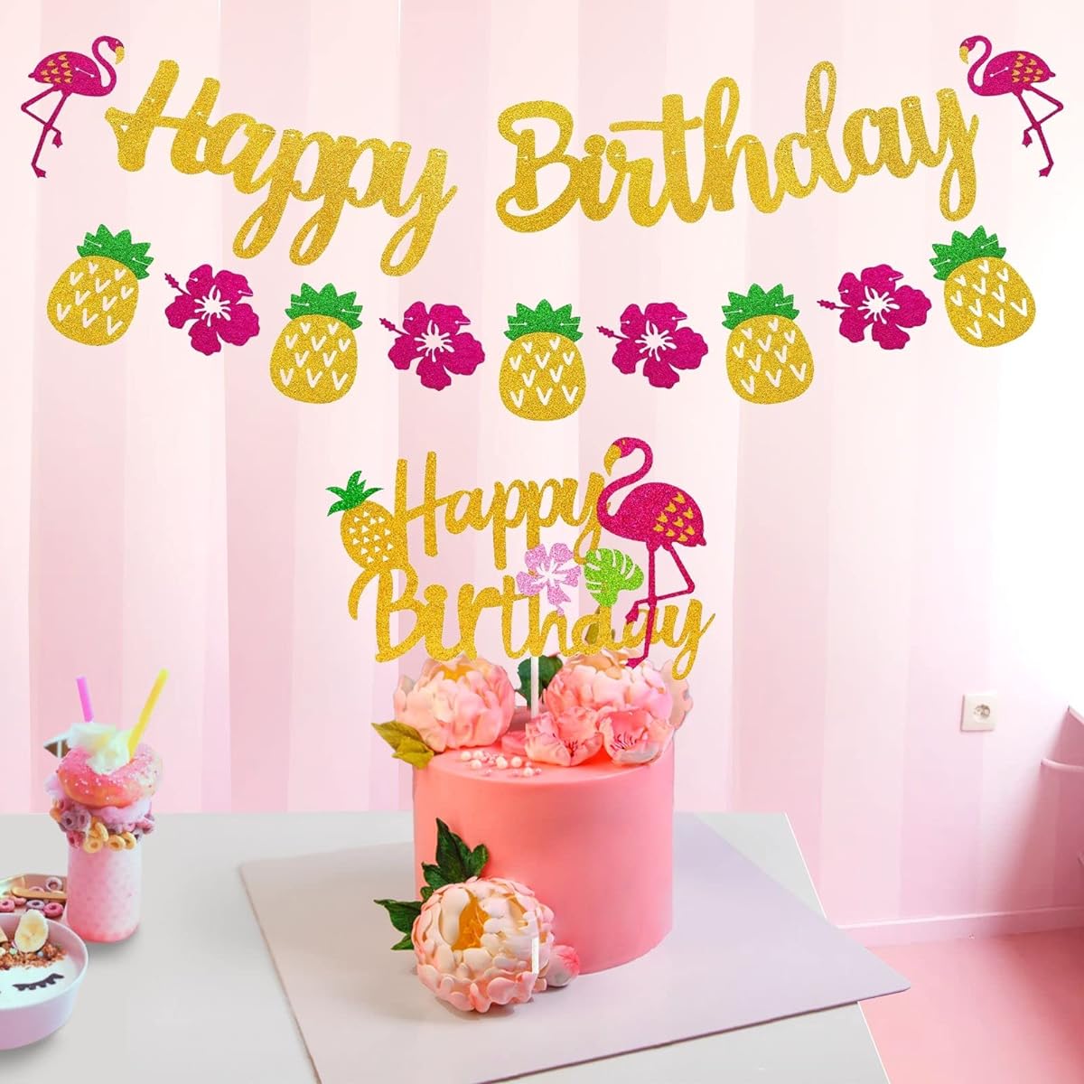 Hawaiian Flamingo Happy Birthday Decorations Banner and Cake Topper Mahway Pineapple Palm Leaves Tropical Party Supplies Pink Glitter Decor