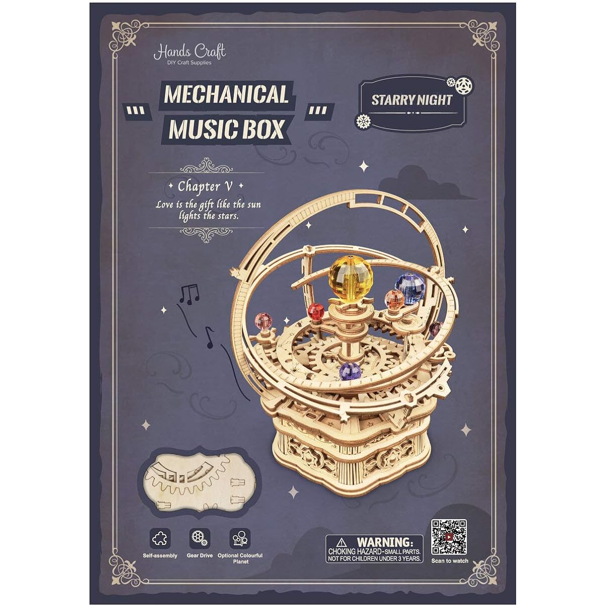 Hands Craft DIY 3D Music Box Wooden Puzzle - Gear Driven, Starry Night Laser Cut Assembly Model Building Kit Brain Teaser Puzzle Educational STEM Toys for Adults and Teens AMK51