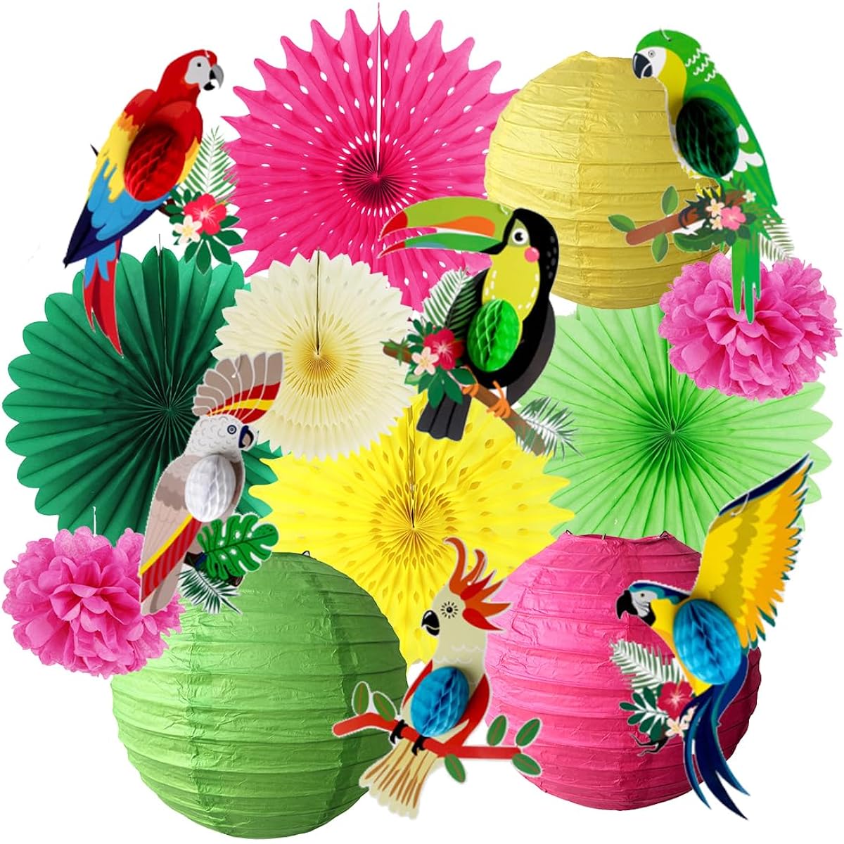 Summer Party Decoration Kit Paper Lantern Decorative Paper Fan Green Yellow Fuchsia Oohami Party Decoration Birthday Home Outdoor Garden