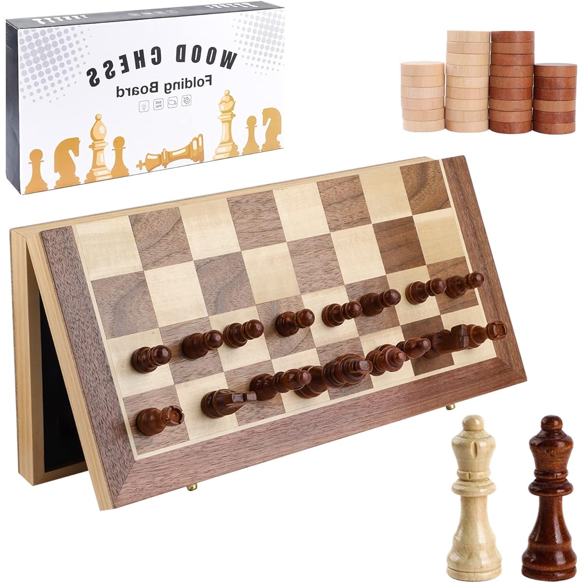 Colawind Chess Set, Travel Chess Set, Chess and Checkers Game Set, 15" Magnetic Chess Set with 2 Extra Queens, Checkers Game for Kids & Adults