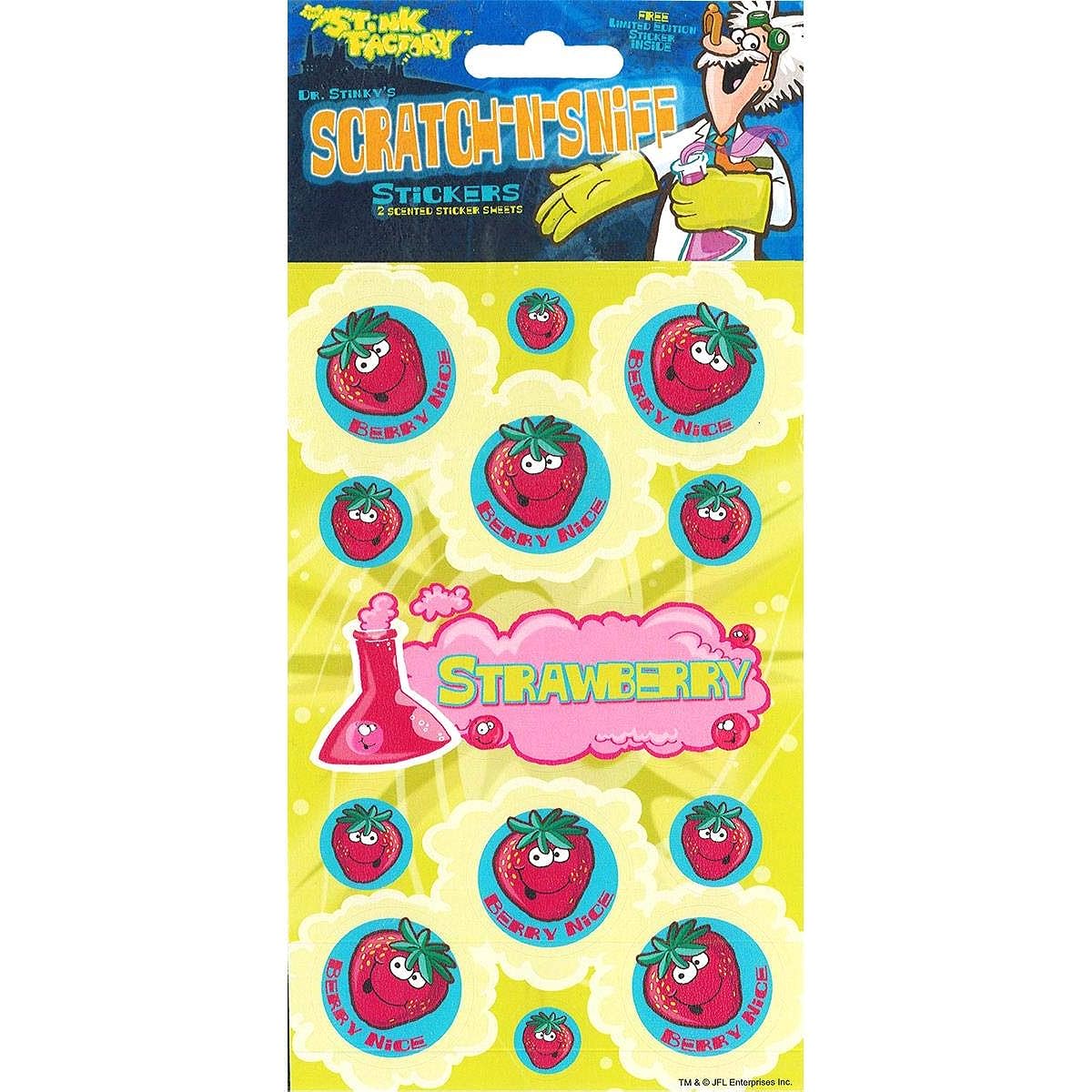 Dr Stinky's STRAWBERRY Scratch-n-Sniff Stickers, 2 sheets 4 x 6 3/4, 26 stickers by The Stink Factory