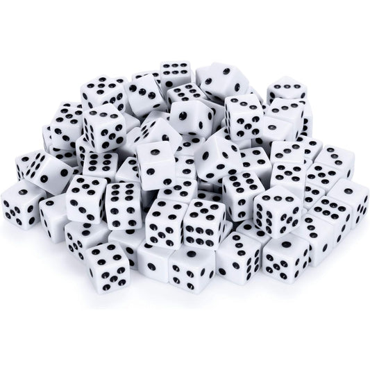 50 or 100 Pack Bulk 6 Sided Dice | D6 Standard 16mm | Perfect for Board Games, Casino Games & Tabletop RPGs | White - 100 Count