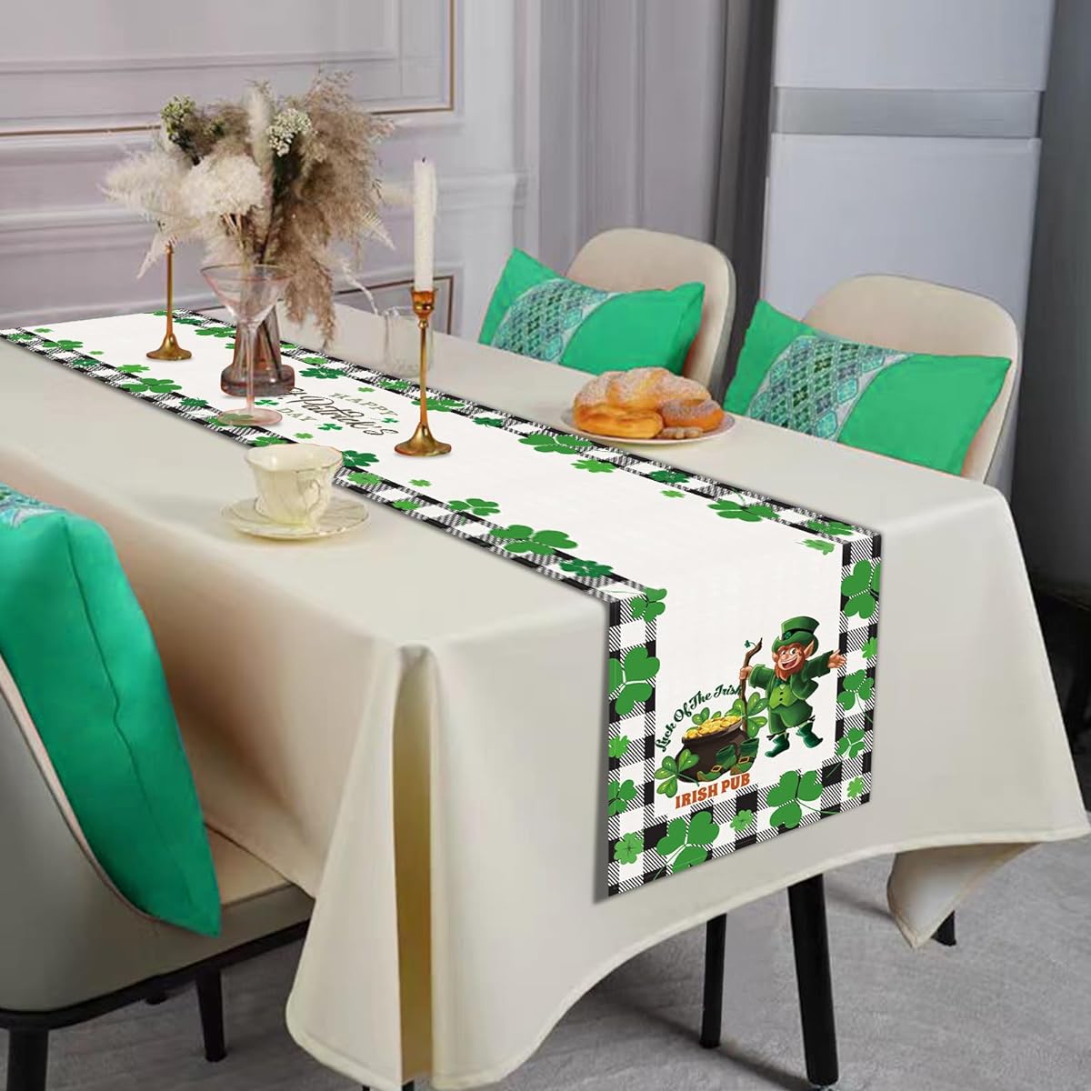 St. Patrick's Day Table Runner 13 x 72 Inch Buffalo Check Gnome Shamrock Burlap Irish Kitchen Dining Table Decoration Home Decor