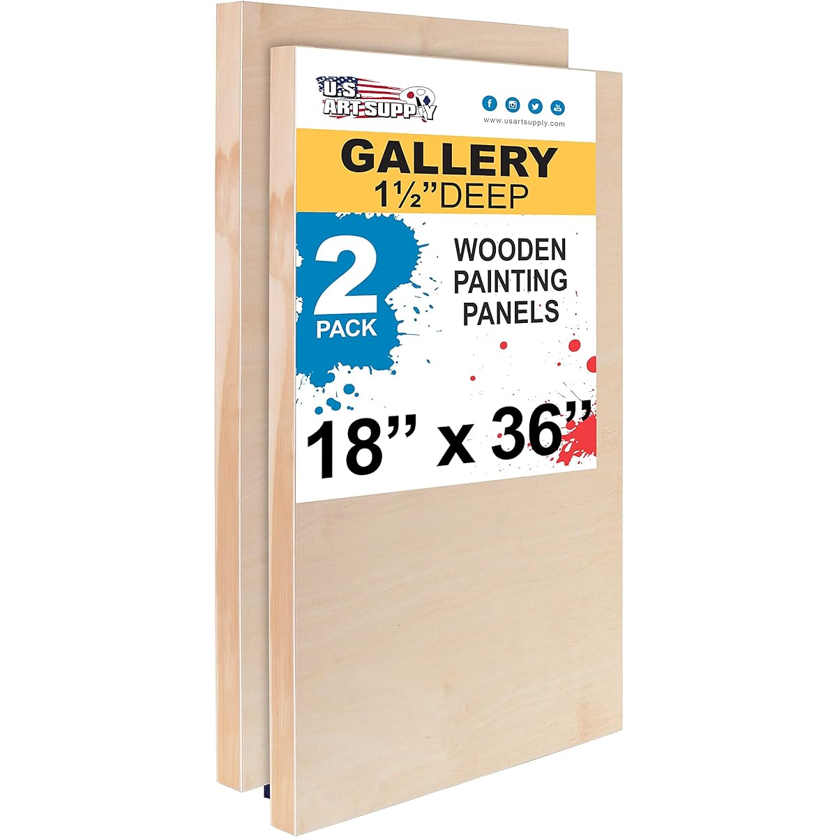 U.S. Art Supply 18" x 36" Birch Wood Paint Pour Panel Board Gallery 1-1/2" Deep Cradle (2 Pack) - Artist Deep Wood Wall Canvas - Painting Mixed Media Craft, Acrylic, Oil, Encaustic