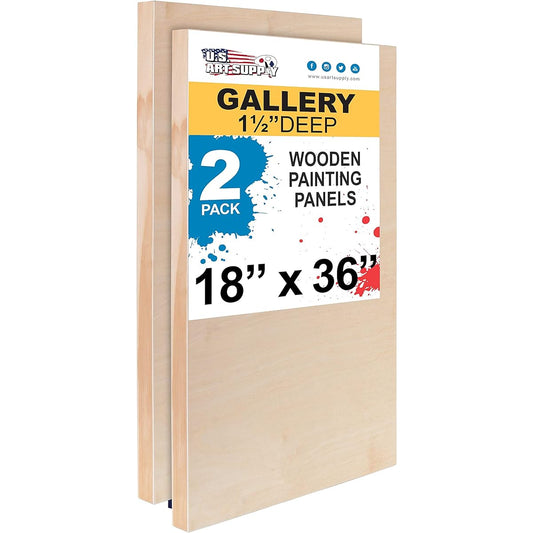 U.S. Art Supply 18" x 36" Birch Wood Paint Pour Panel Board Gallery 1-1/2" Deep Cradle (2 Pack) - Artist Deep Wood Wall Canvas - Painting Mixed Media Craft, Acrylic, Oil, Encaustic