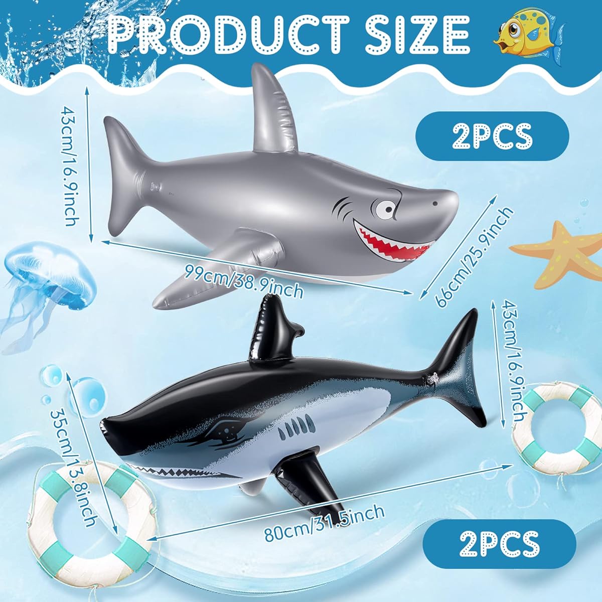 Shark Inflatable Shark Float Pool Toy Length 39.5" 32" Inflatable Animal Shark Toy Shark Birthday Decoration Sea Beach Theme Party Decoration Supplies Decoration