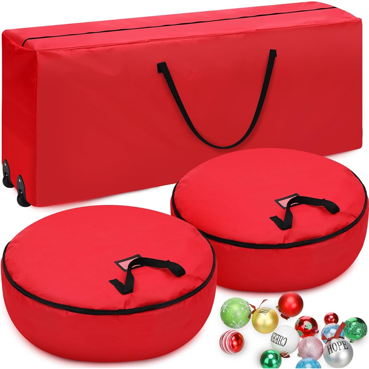 Windyun 3-Piece Christmas Tree Storage Bag Set - 1 x 9ft Tree Storage Container with Wheels and 2 x Wreath Garland Storage Bags for Large Artificial Christmas Trees - Waterproof and Easy to Carry (Round)