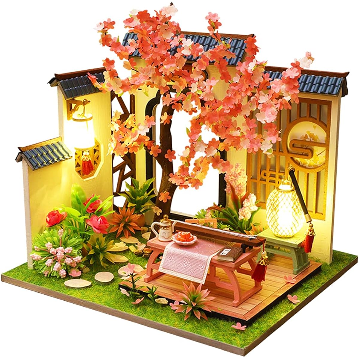 Roroom Dollhouse Miniature with Furniture DIY 3D Wooden Dollhouse Kit Chinese Style Plus Dust Cover with LED 1:24 Scale Creative Room Ideas Best Gift for Kids Friends Lover HL05