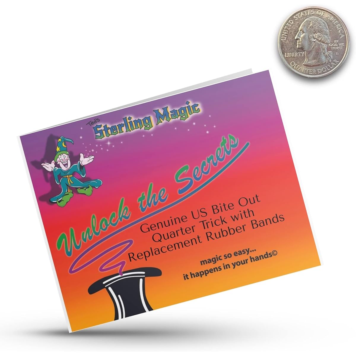 Ted's Sterling Magic Genuine US Bite Out Quarter Trick with Replacement Rubber Band