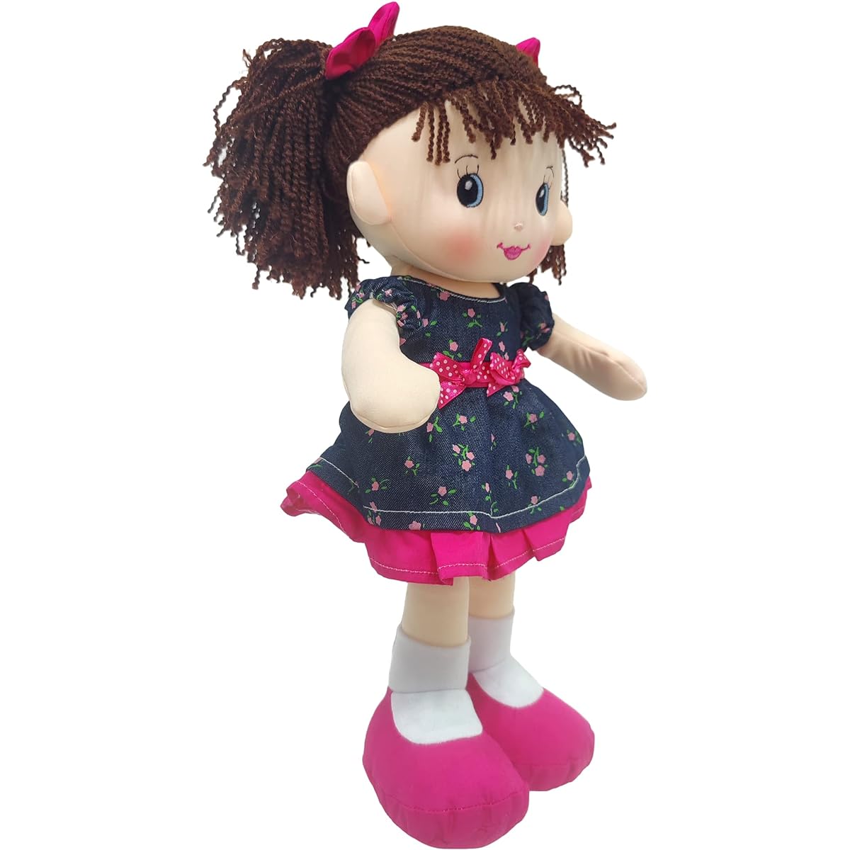 Linzy Plush 16" Libby Soft Plush Ragdoll Navy Bluesless and Printed Magenta Rose, Ragdolls for Girls Munecas de trapo para nina