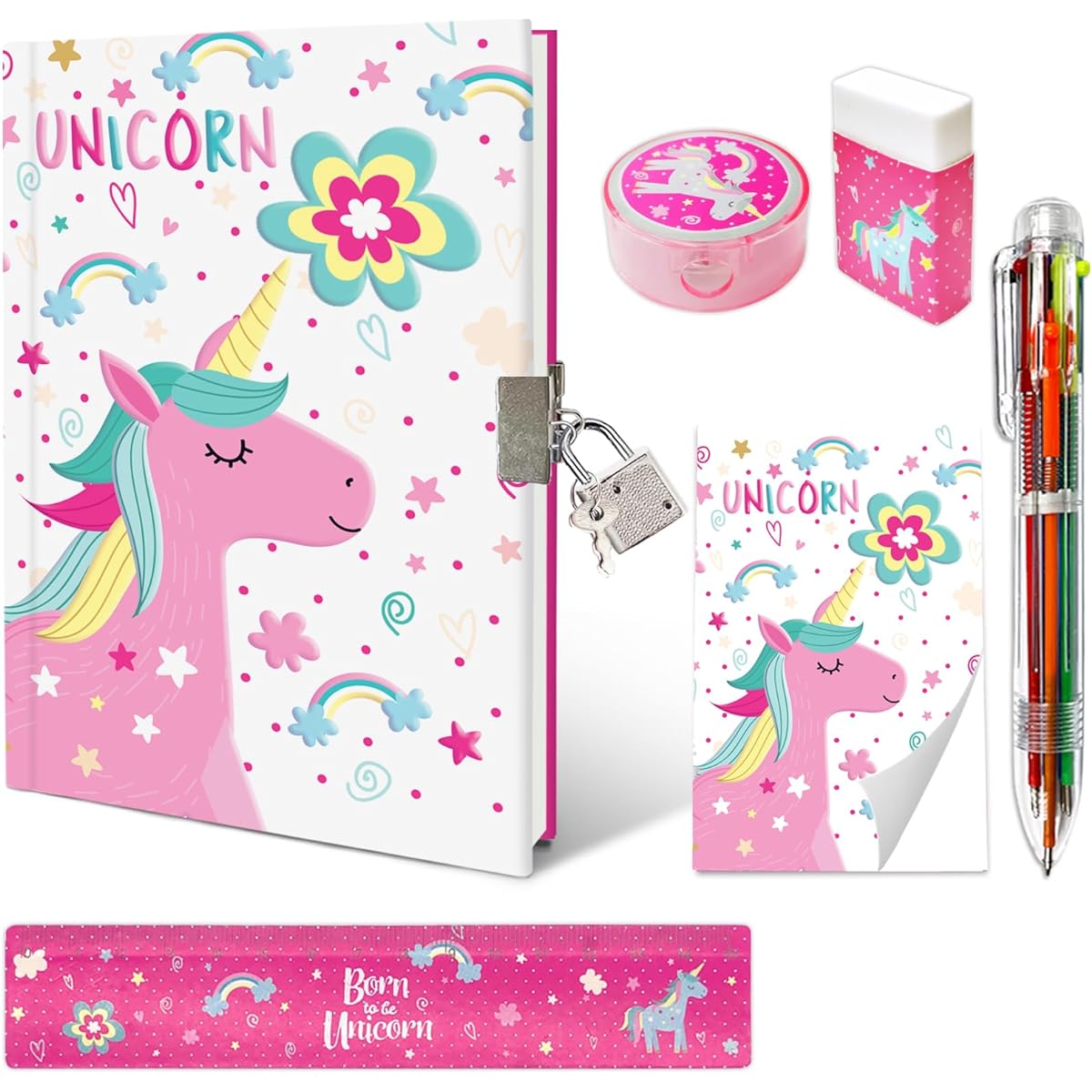 EverCreatives Girls Diary with Lock, Kids Diary Set for Girls 7.1x5.3 Inch Notebook, Memo Pad, Glitter Pens, Ruler, Sharpener, Eraser, Journal Kit (Unicorn)