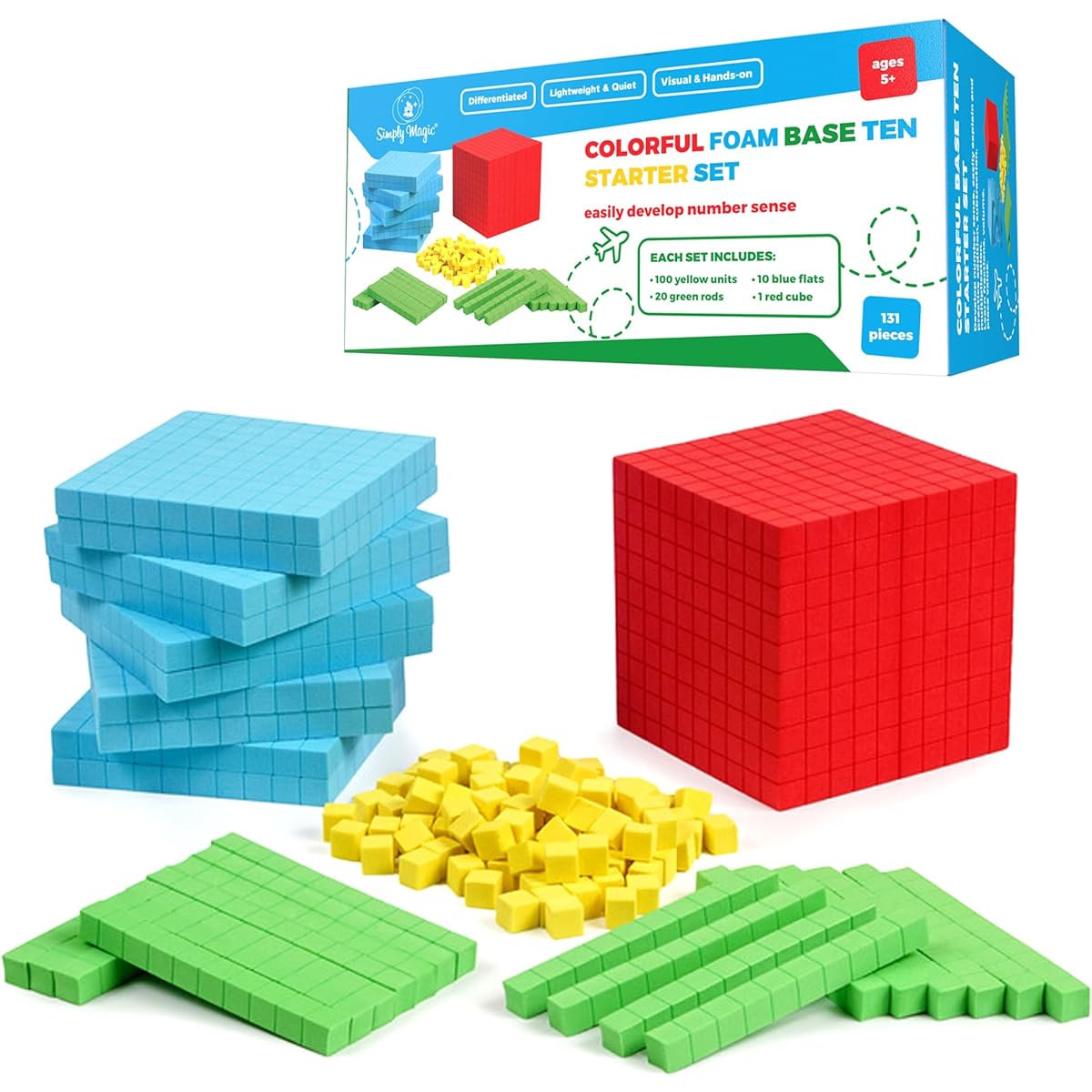 Simply Magic 131pcs Foam Bases for Math 10 - Value Blocks 10 Bases Math Manipulants K-3 Math Counters Number Blocks Math Cubes Counting Blocks for Kids Kindergarten 1st Grade 2nd Grade 3rd Grade