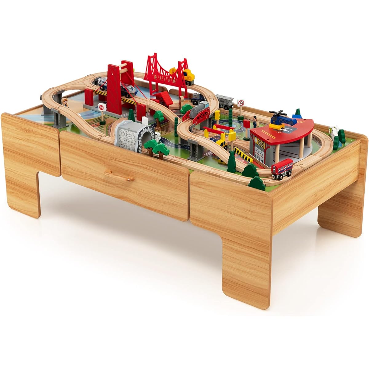 Costzon Train Table 2-in-1 Children's Activity Table with Storage Drawer, 100 Pieces Multicolor, Railway Track Car City DIY Design, Reversible Tabletop, Gift for Boys and Girls, Wooden Train Set (Natural)