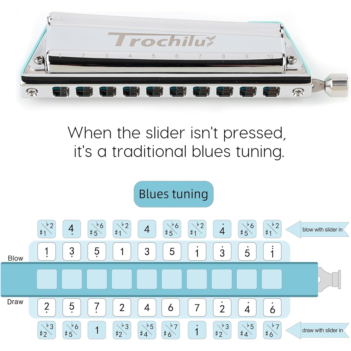 JDR Trochilus 10 Hole Chromatic Harmonica C Harp Mouth Organ with Case for Adults, Professionals, Beginners, and Students (Blues Tuning & Blue)