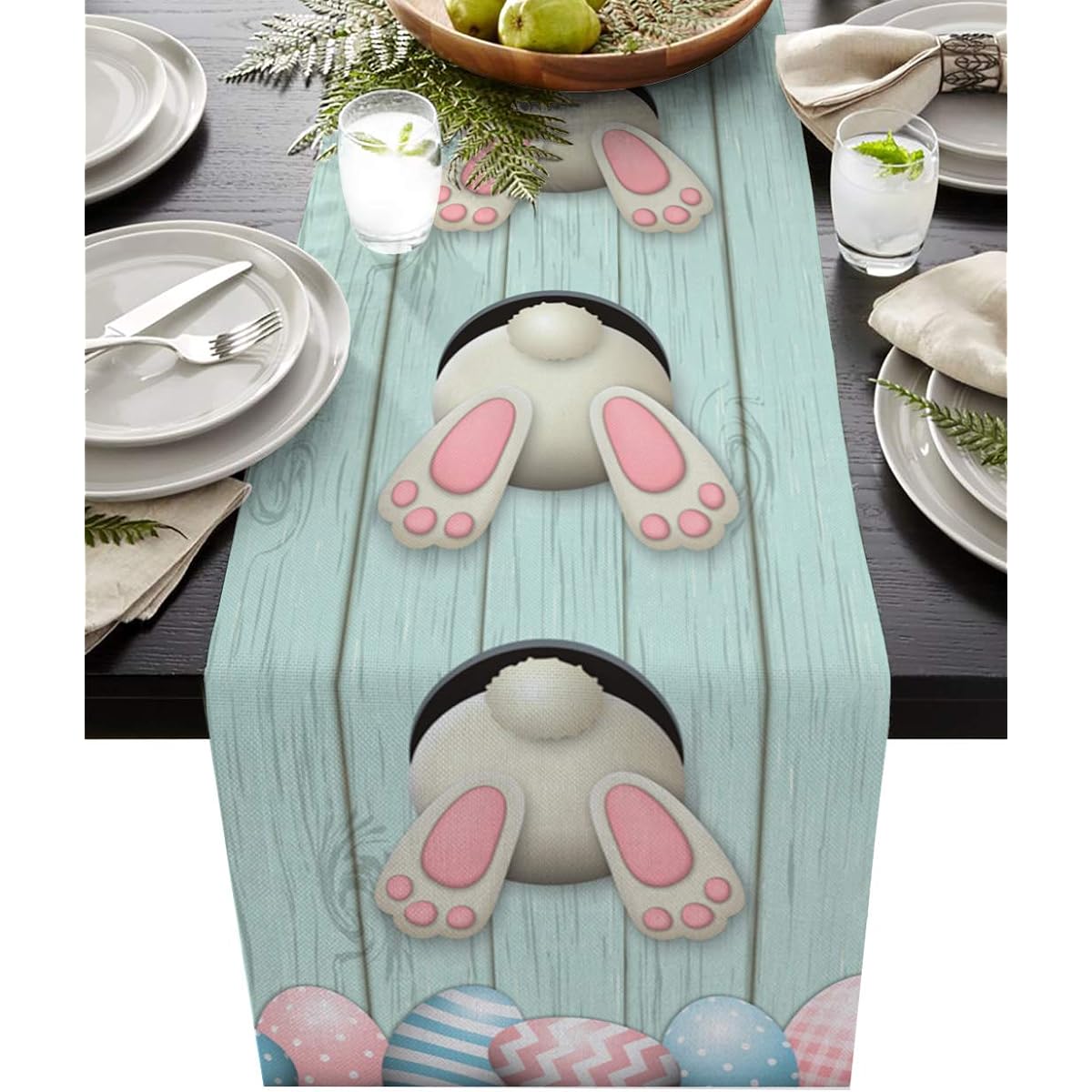 Easter Table Runner 36" Long - Easter Bunny Tail Easter Egg Decorative Cotton Linen Kitchen Dinner Table Runner Spring Easter Rabbit Burlap Farmhouse Table Runner for Gift/Dresser/Dining