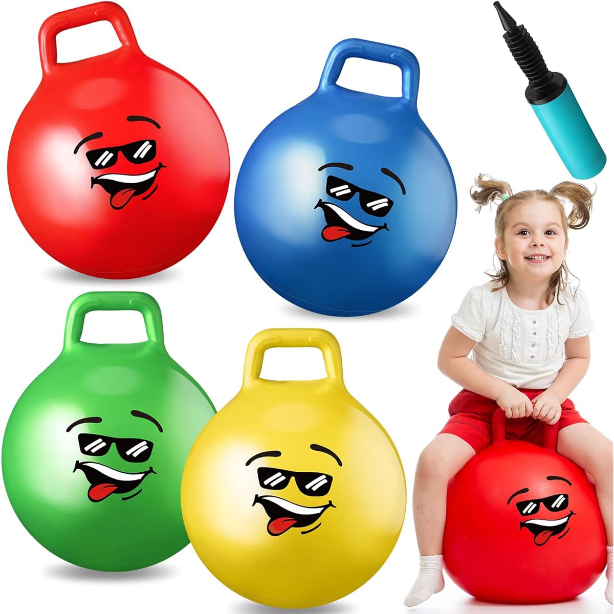 Bouncing Balls for Kids 4pcs 15" Inflatable Jump Ball Rubber Hippie Hop Bouncy Ball with Handle Sit on Bouncy Exercise Ball with Pump for Boys and Girls Indoor Outdoor