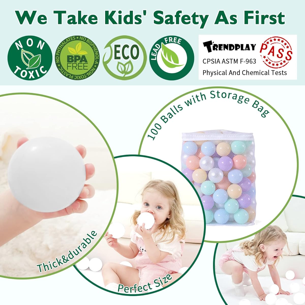 TRENDPLAY Toddler Pit Balls 1-3 100 Pack BPA Free Phthalate Free Non-Collapsible Balls for Toddlers Baby Kids Party Macaron Color Pearl White