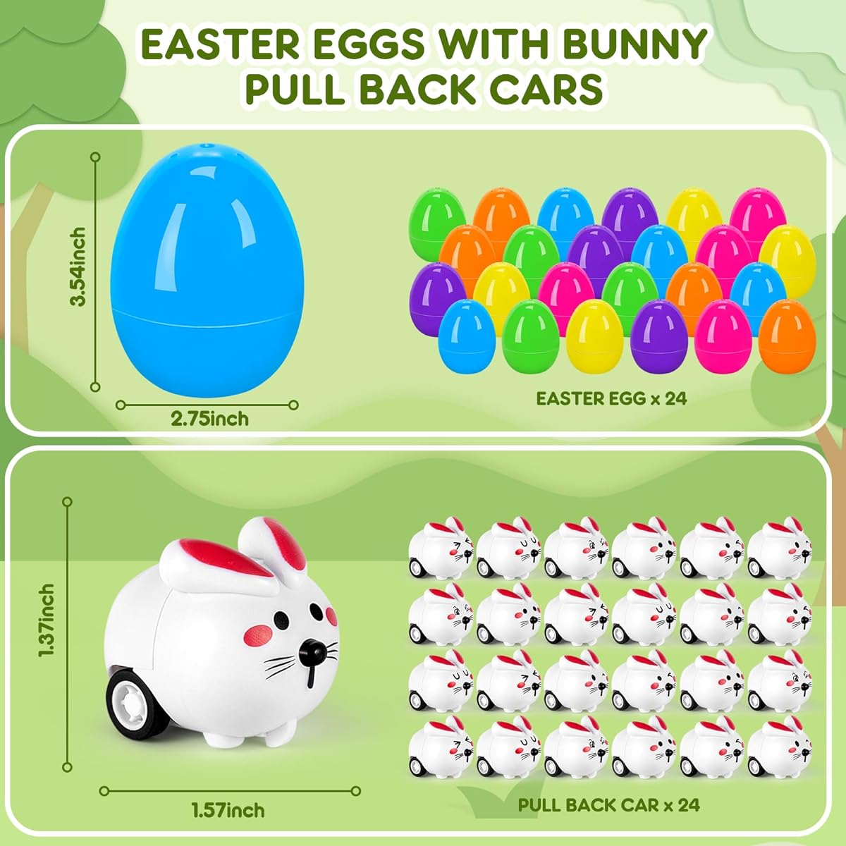 CHMYWJ 24 Pack Easter Eggs with Bunny Pull Back Cars Easter Hunt Eggs Easter Basket Fillers Stuffers for Toddlers Kids Easter Party Favors Gifts for Boys and Girls with Toys