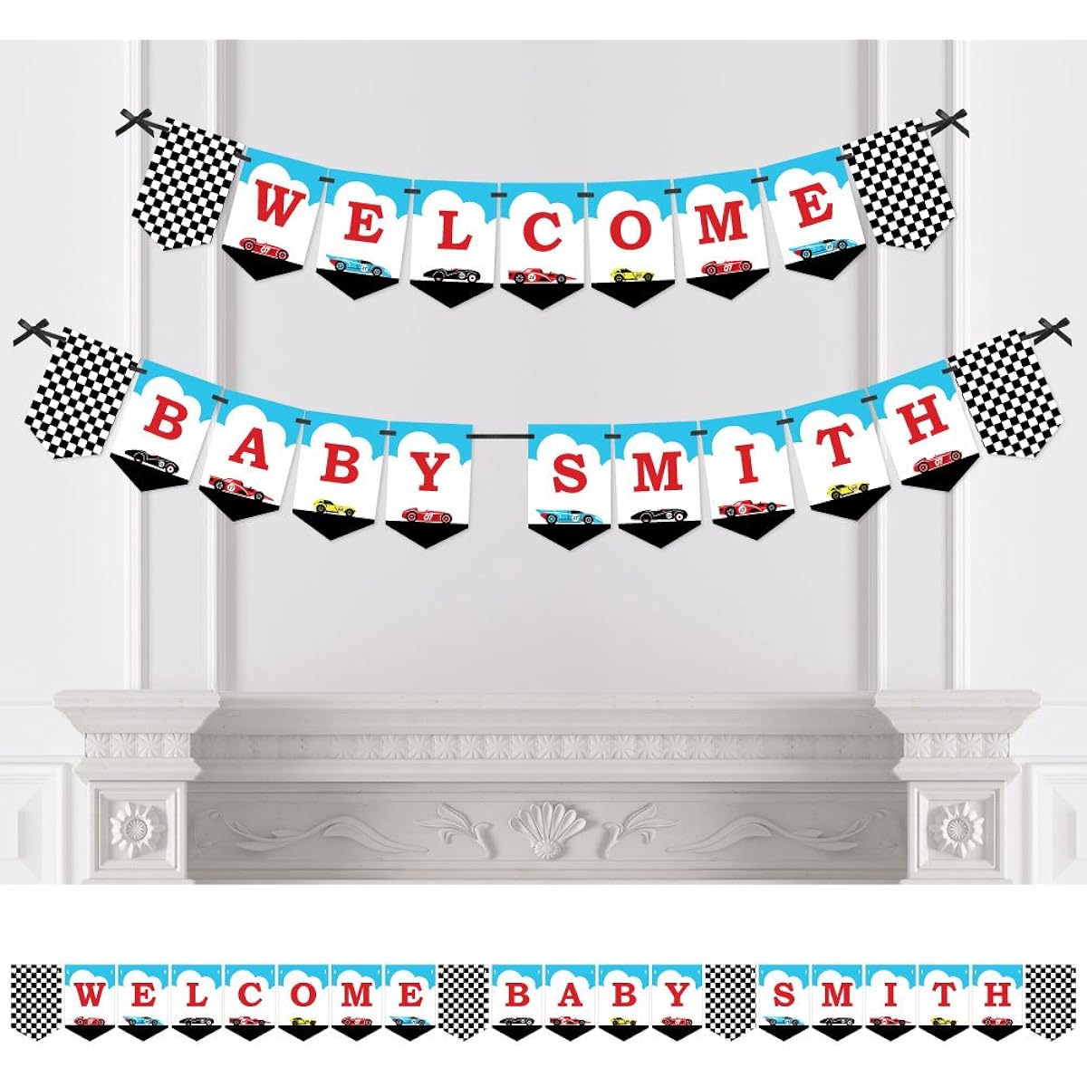 Big Dot of Happiness Personalized Let's Go Racing - Racecar - Custom Race Car Baby Shower Bunting Banner & Decorations - Welcome Baby Custom Name Banner