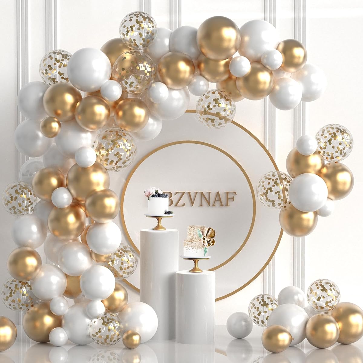 White Gold Balloon Garland Kit - 100 Pieces White Metallic Gold and Gold Confetti Latex Balloon Arch for Wedding, Baby Shower, Engagement, Birthday Party Decorations