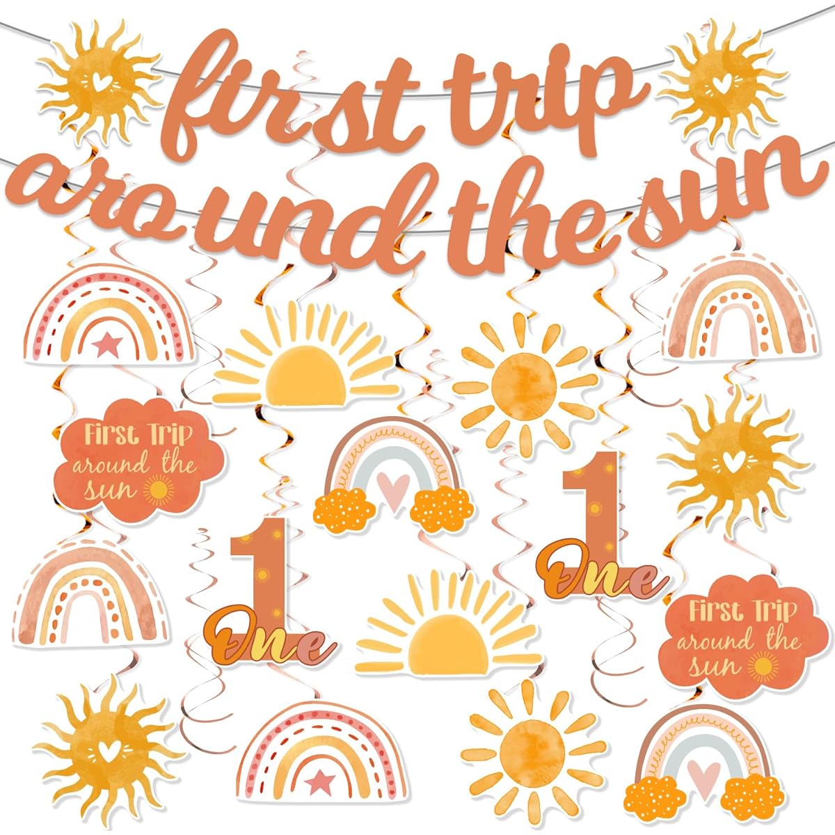 First Trip Around the Sun Birthday Decorations Boho Sun 1st Birthday Decorations First Trip Around the Sun Banner with Hanging Swirls Sun Theme 1st Birthday Party Supplies
