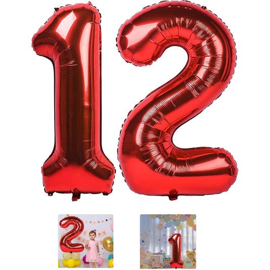 12 Number Balloons Red 40 Inch Large Foil Mylar for 12 Year Old Boy Girl Birthday Party Decorations Wedding Anniversary Event Supplies