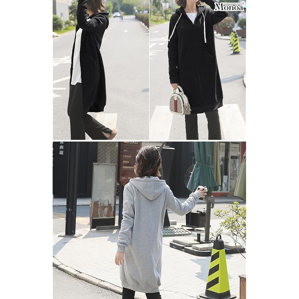[Monoa] Parka, Long Sleeve, Brushed Lining, Long Length, Sweatshirt, Zip-up, Hooded, Outerwear, Women's, Fashion