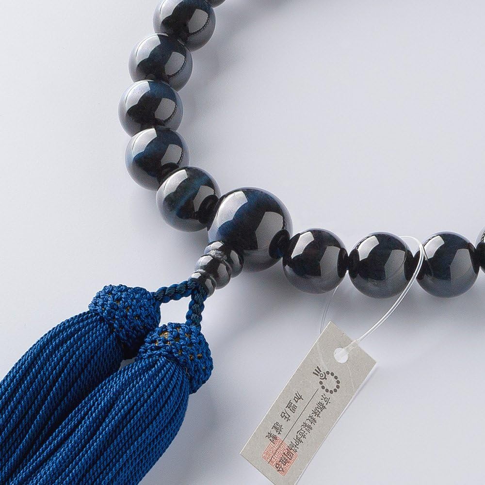 [Buddhist Altar Shop Takita Shoten] Kyoto Prayer Beads for Men, Blue Tiger Eye Stone, 22 Beads, Pure Silk Head Tassel, Bead Bag Included, Men's Prayer Beads that Can Be Used by All Sects, Certificate Included