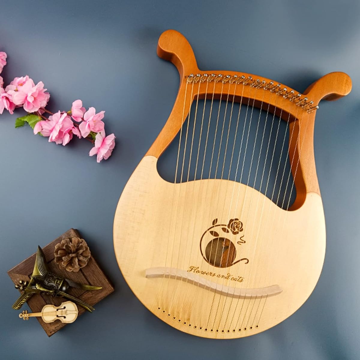 WowZza Lyre Harp, 19 Metal String Mahogany, with Tuning Wrench, Strings, Cloth, Pick, for Beginner Music Lovers Adults, Easy to Use/Alien